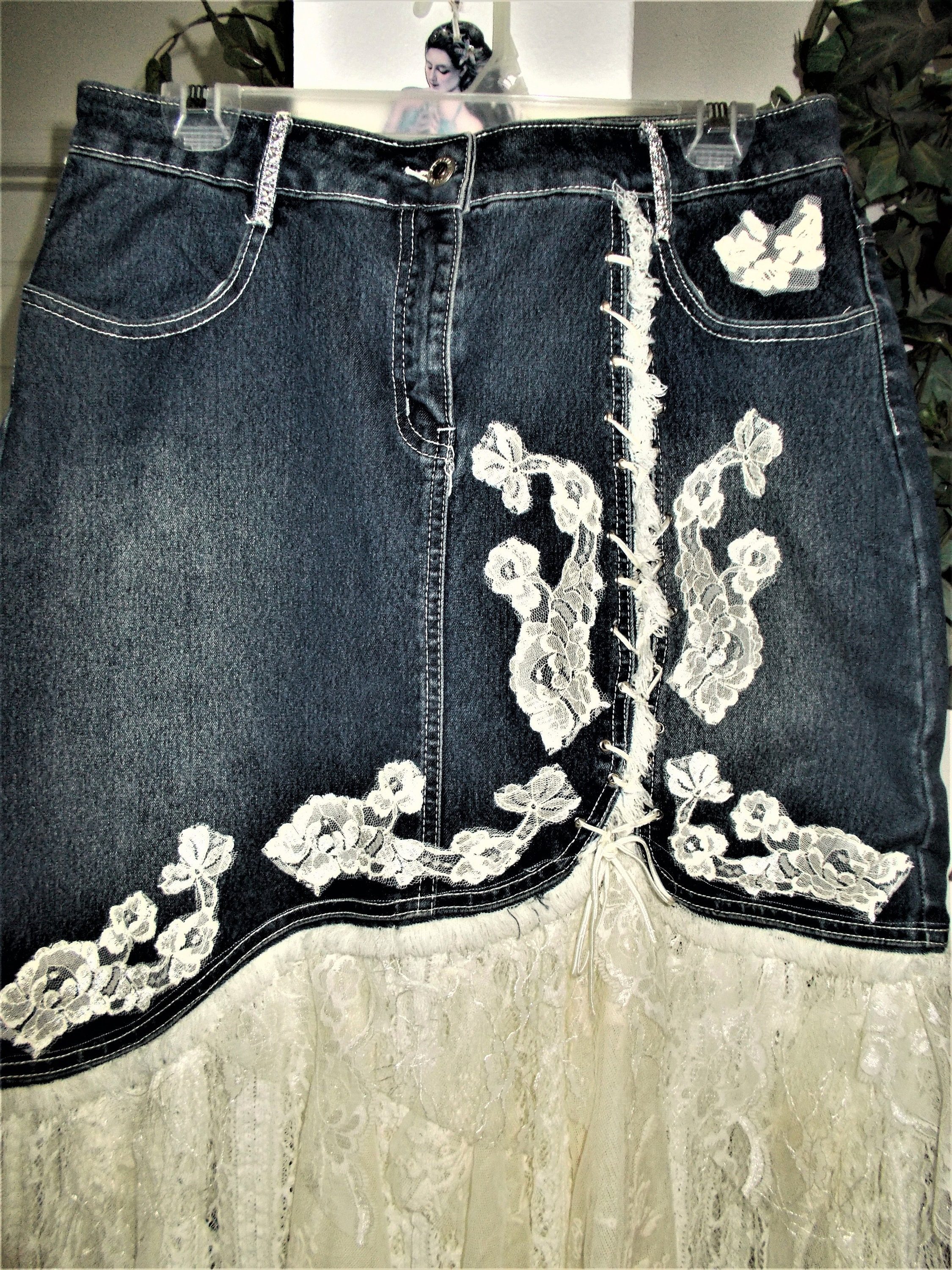 Ruffle Lace Jean Skirt Vintage French White Ivory Rose Ruffle Lace Jean Skirt Vintage French White Ivory Rose