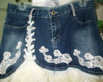 Ruffle lace jean skirt vintage French white ivory rose appliqué stretch denim corset fairy bohemian beach wedding Renaissance Denim Couture