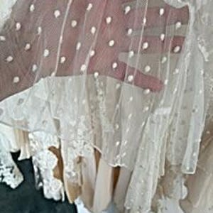 May include: Close-up of a sheer, off-white fabric with white polka dots. The fabric is layered over other white and cream-colored materials, creating a textured, layered effect. The image shows a glimpse of a hand behind the fabric.