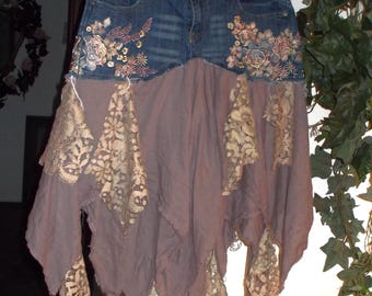 Mauve pink ruffle jean skirt vintage Grace in LA French lace embroidered stretch asymmetrical fairy bohemian Renaissance Denim Couture