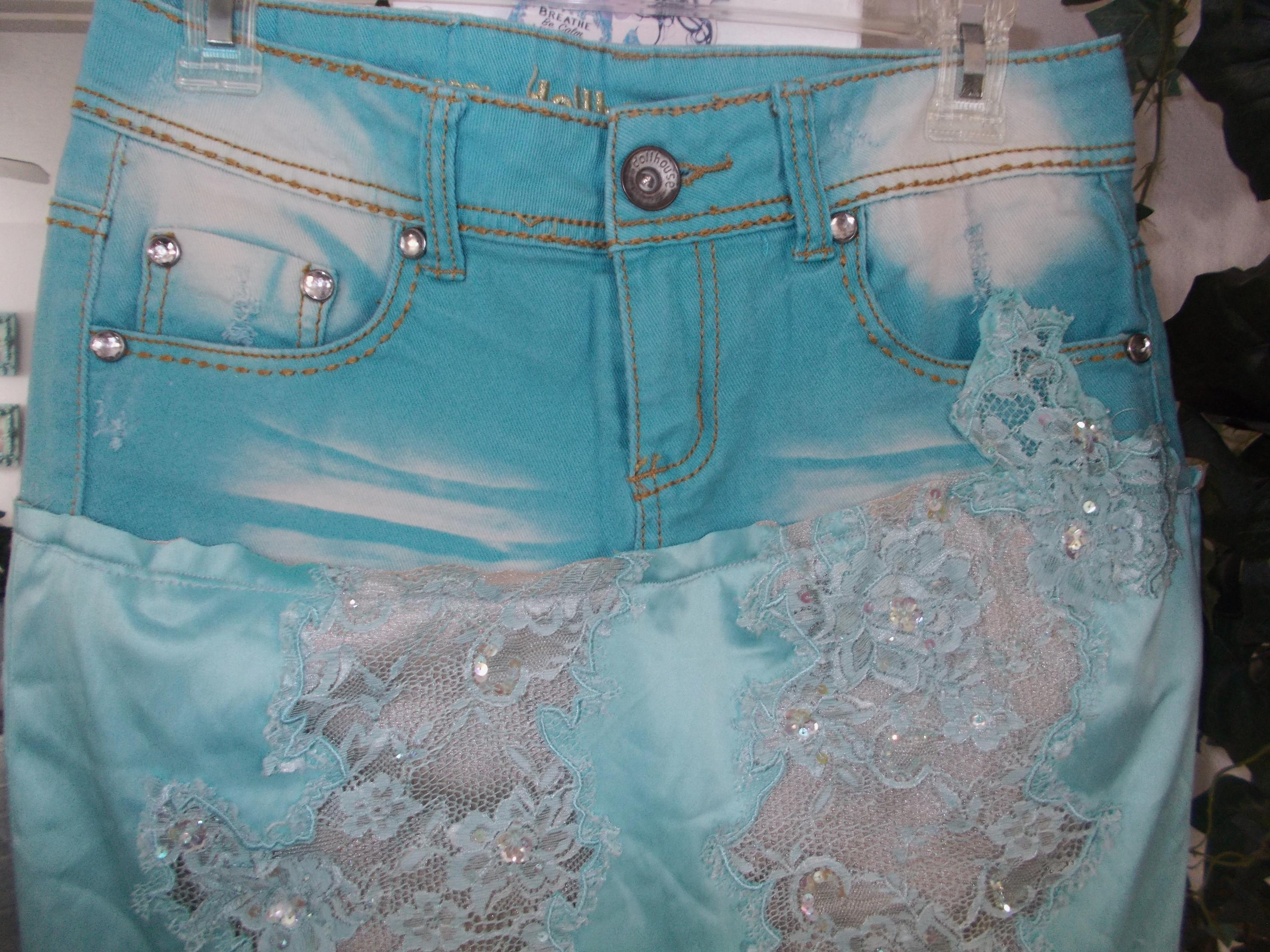 Aqua silk fairy skirt sequins rhinestone lace satin upcycled  turquoise jeans Renaissance Denim Couture ruffle asymmetrical boho festival