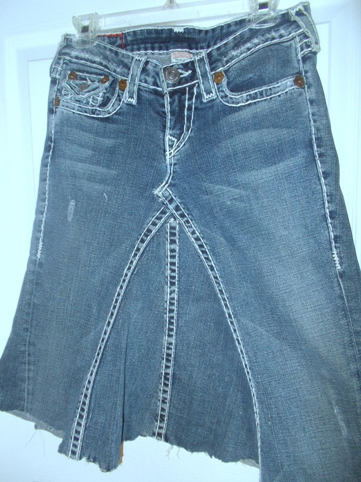 SALE True Religion Upcycled Jean Skirt Raw Edge Frayed Dark