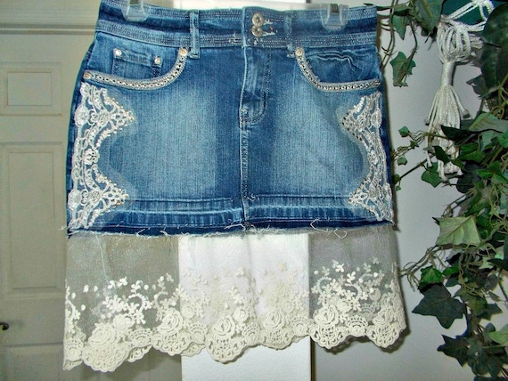 Vintage lace blue jean cheap skirt