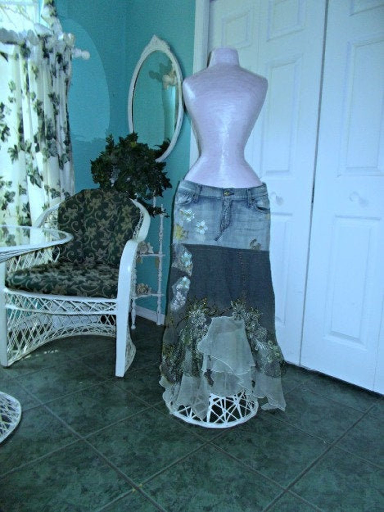 Seafoam Green Jean Skirt Minty Turquoise Aqua Floral Appliqué Etsy