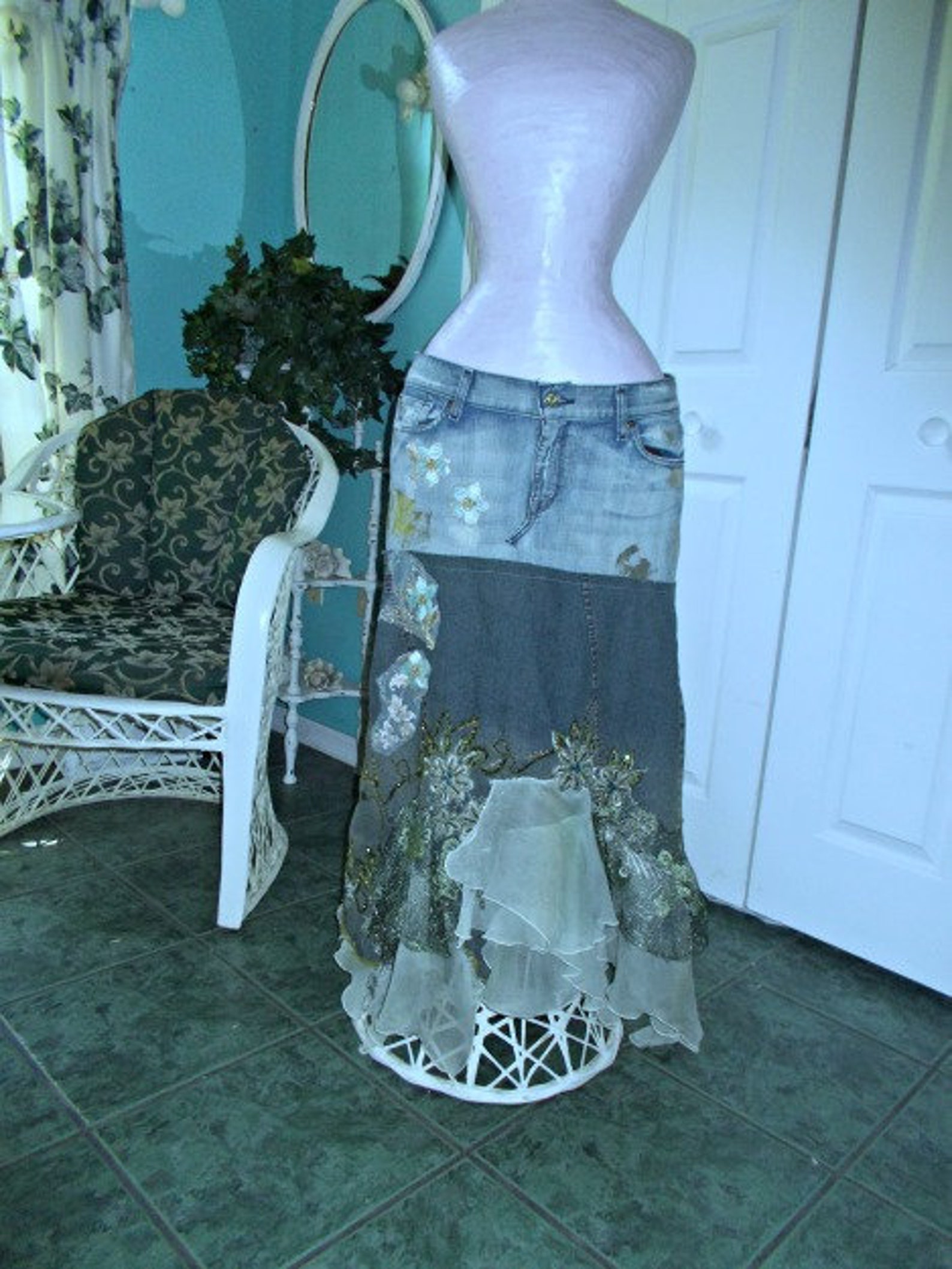 Seafoam Green Jean Skirt Minty Turquoise Aqua Floral Appliqué Etsy