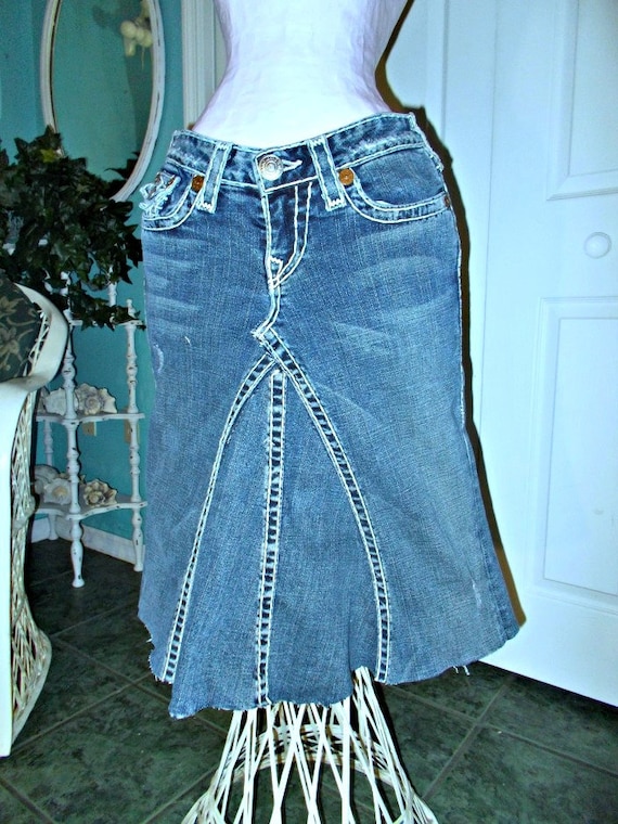 SALE True Religion Upcycled Jean Skirt Raw Edge Frayed Dark Wash