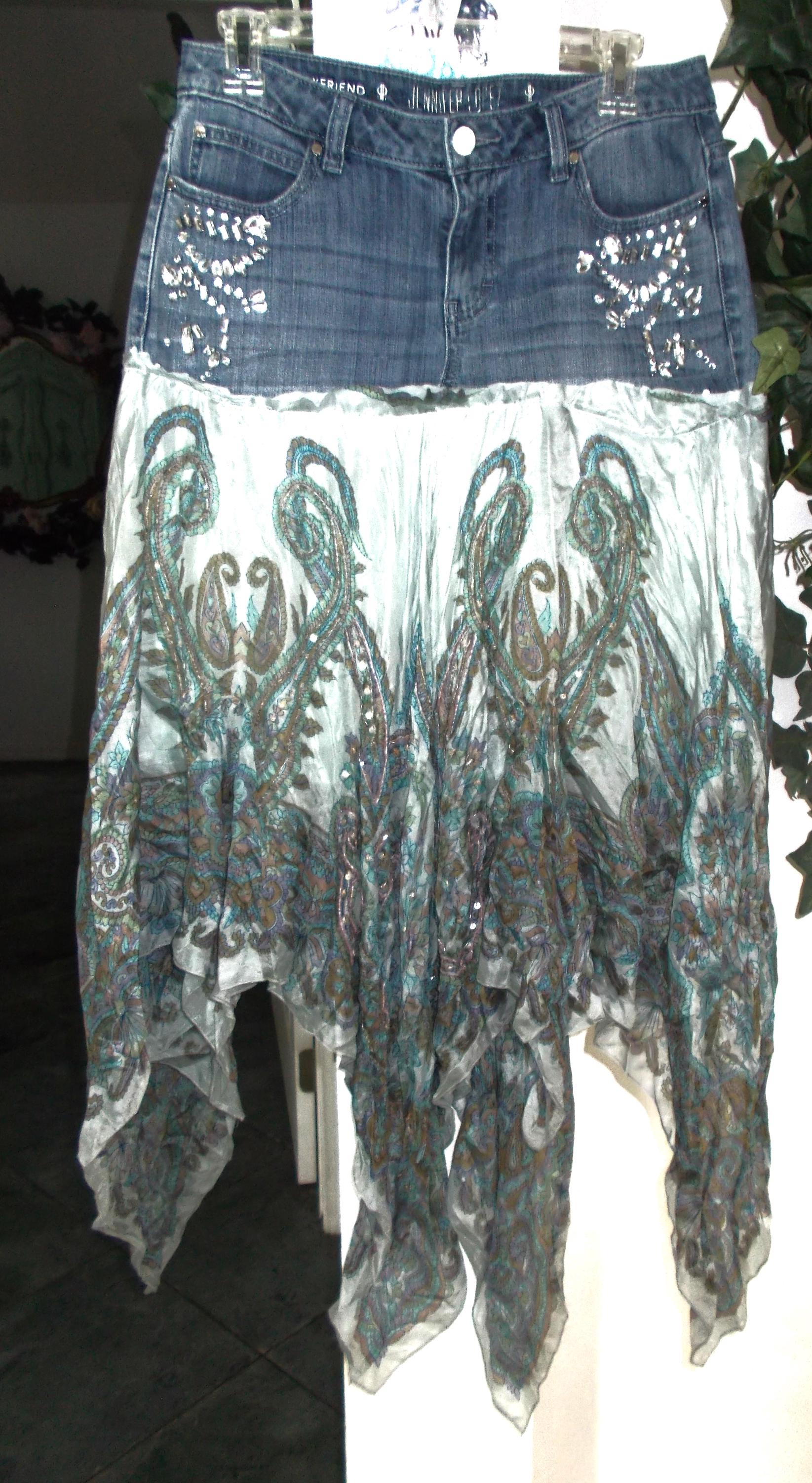 Blue silk fairy skirt sequins rhinestone upcycled Renaissance Denim Couture handkerchief hem ruffle Boston Proper asymmetrical boho festival