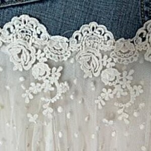May include: Close-up of a denim garment with a white lace trim. The lace features floral and scroll designs, with a delicate, dotted tulle fabric beneath. The denim is a medium wash.