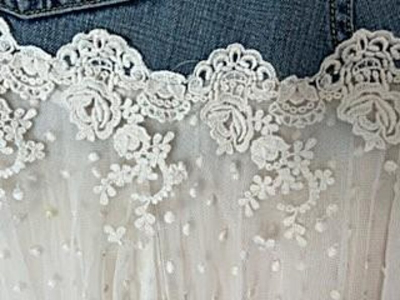 May include: Close-up of a denim garment with a white lace trim. The lace features floral and scroll designs, with a delicate, dotted tulle fabric beneath. The denim is a medium wash.