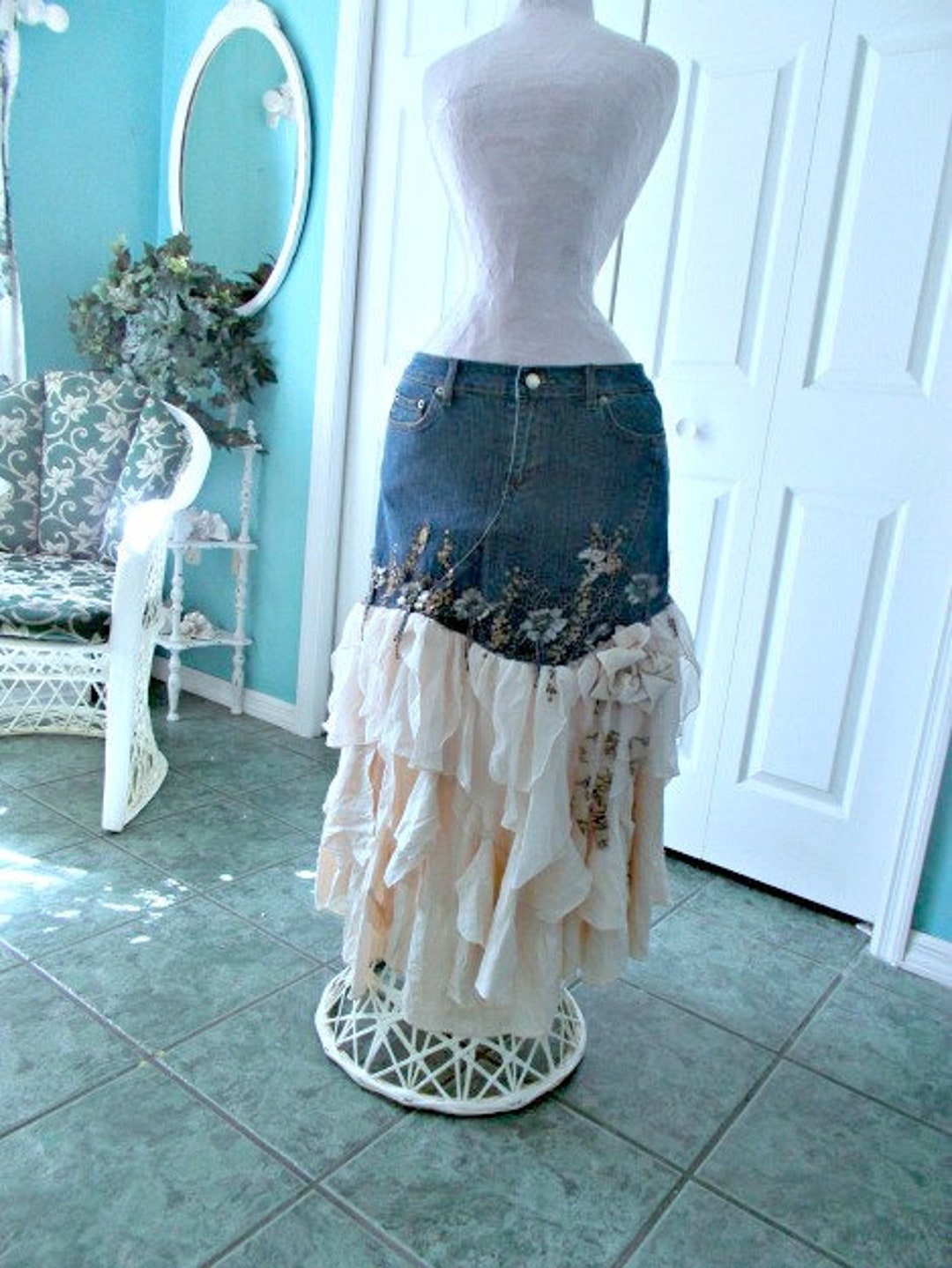 Ruffled Silk Tulle Jean Skirt Cream Ivory Bronze Lace Bead