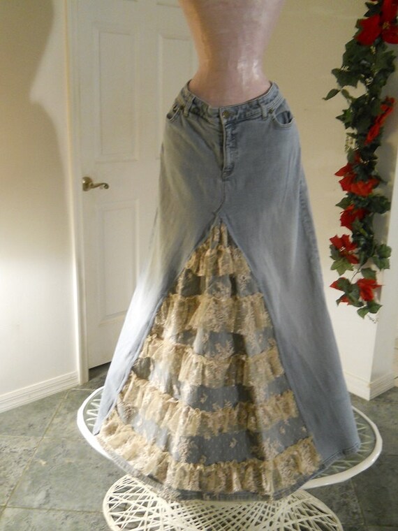 Items similar to Belle Bohémienne ruffled lace jean skirt exquisite ...