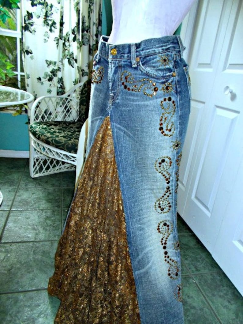 Copper Lace Jean Skirt Bronze Metallic Ruffle Beaded | Etsy