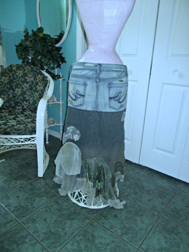 Seafoam Green Jean Skirt Minty Turquoise Aqua Floral Appliqué Etsy
