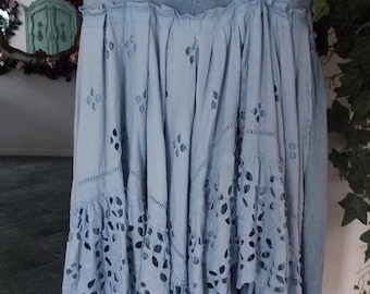RESERVED Free People blue eyelet lace jean skirt upcycled asymmetric fairy festival bohemian Renaissance Denim Couture