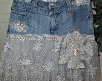 Free People lace jean skirt bohemian beach wedding vintage grey lace ruffled gray fairy rose pin rhinestones bling Renaissance Denim Couture