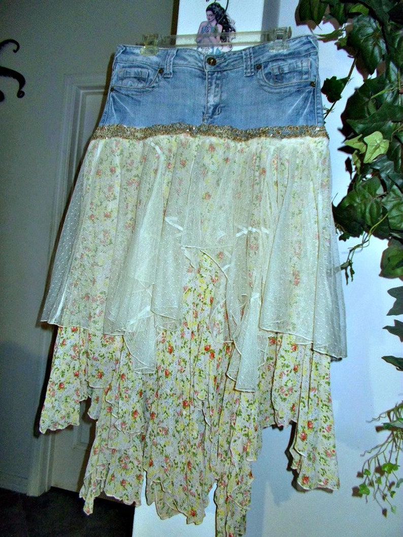 Ruffled Tulle Floral Silk Fairy Hem Jean Skirt Exquisite - Etsy