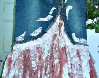 SALE Leather and lace jean skirt ruffled pink silk mauve rose mermaid bohemian Marrika Nakk Stevie Nicks Renaissance Denim Couture