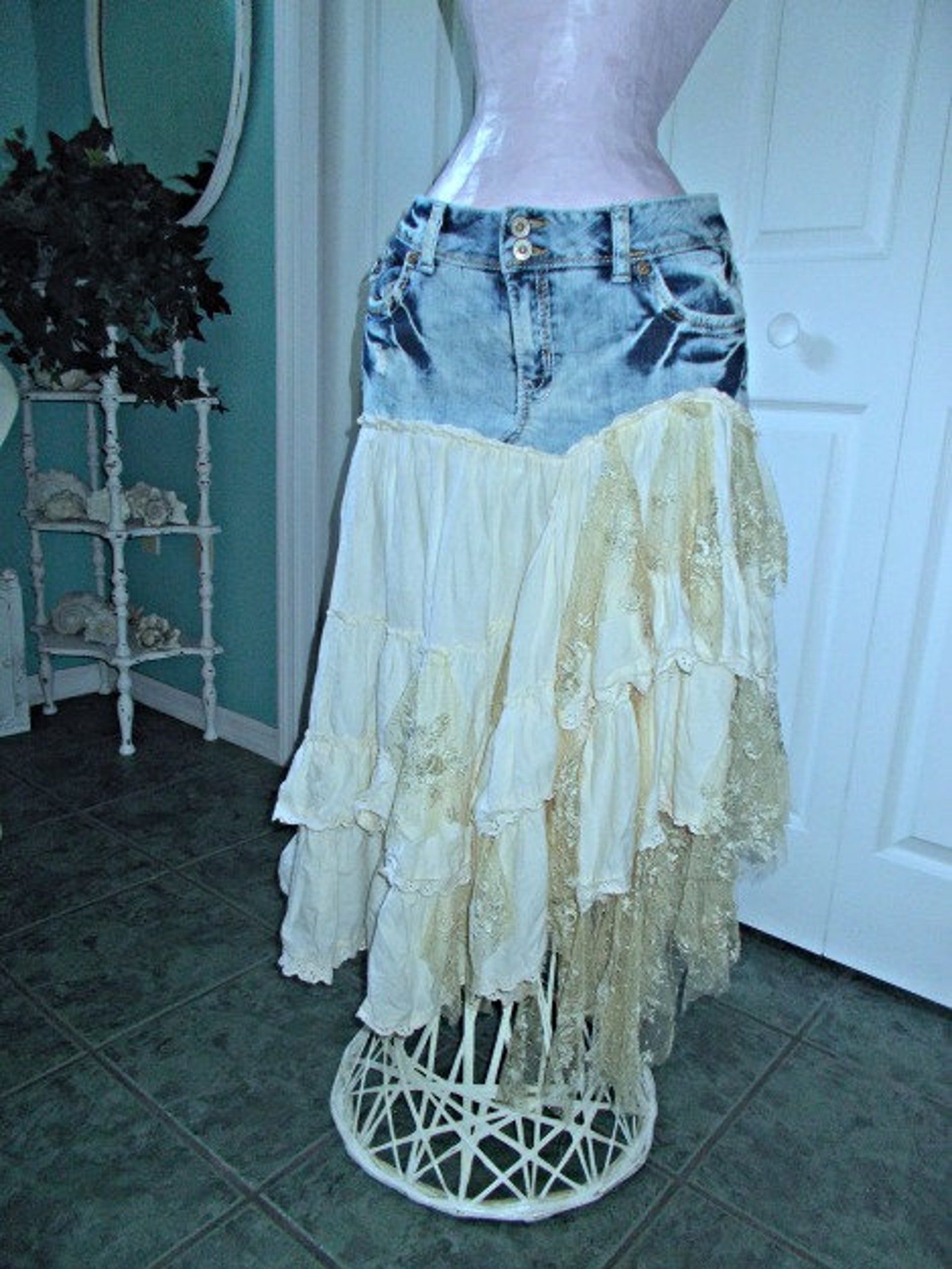 Cream Ruffle Jean Skirt Antique French Beige Lace Boho - Etsy