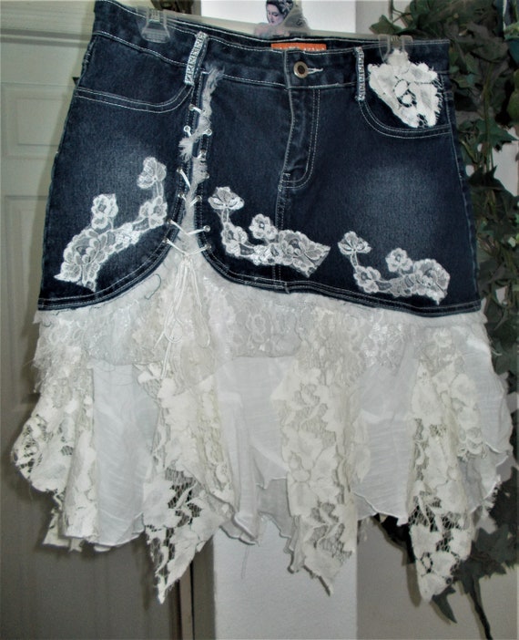 Ruffle Lace Jean Skirt Vintage French White Ivory Rose - Etsy