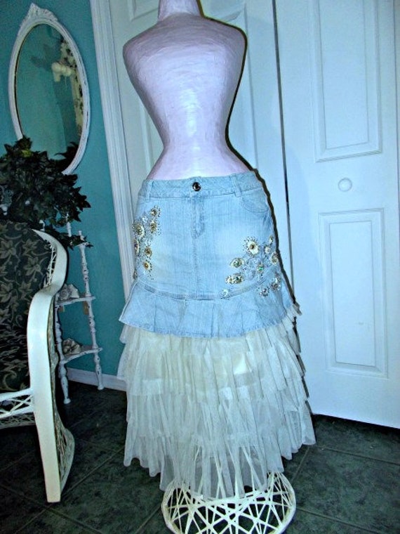 SALE Ruffled Tulle Jean Skirt Embellished Pearl Rhinestone Sequin