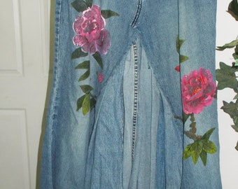 Caché vintage denim bohemian jean skirt  gorgeous roses upcycled boho pink and red floral ballroom maxi mermaid Renaissance Denim Couture