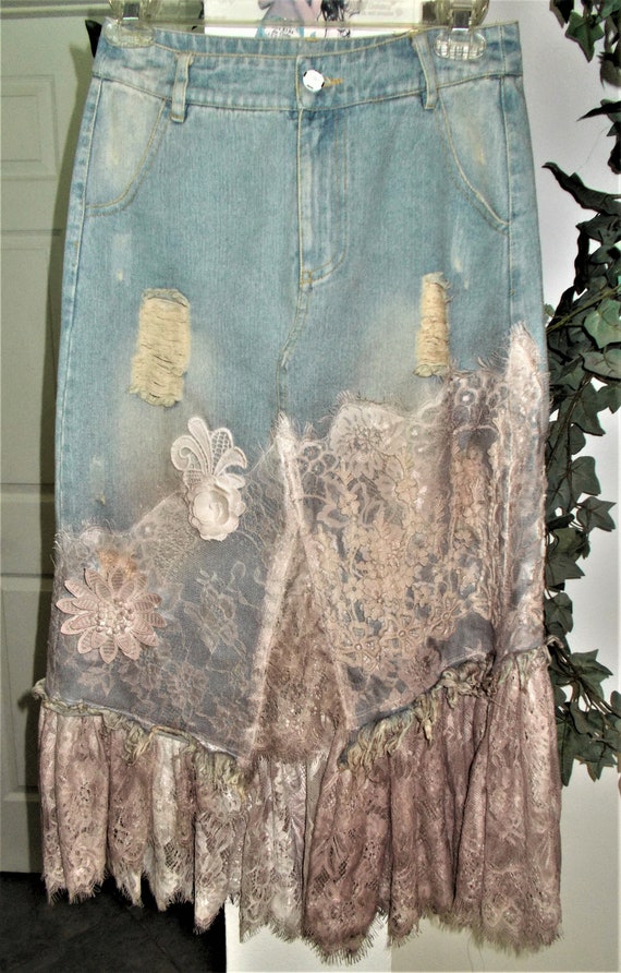 SALE Ruffle Lace Jean Skirt Rose Mauve Pink French Stretch