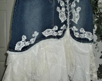 Ruffle lace jean skirt vintage French white ivory rose appliqué stretch denim corset fairy rhinestones bohemian Renaissance Denim Couture