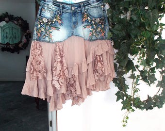 Free People pink ruffle jean skirt vintage rose French lace embroidered mauve stretch asymmetrical fairy bohemian Renaissance Denim Couture