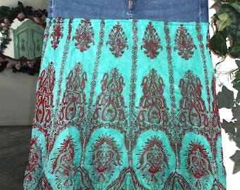 Upcycled jean skirt turquoise red paisley sequins sparkly asymmetrical hem Renaissance Denim Couture boho festival bohemian Boston Proper