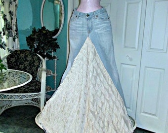 Ruffle jean skirt ivory cream bohemian beach wedding  mermaid ballroom Belle Époque Bohémienne Renaissance Denim Couture Made to Order