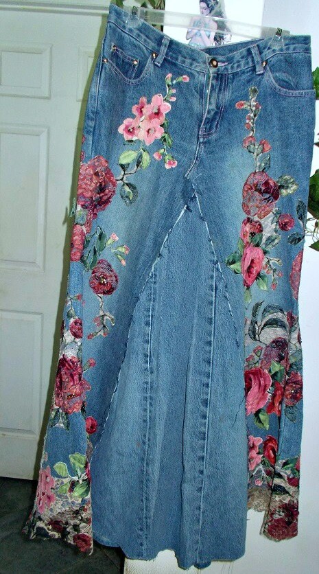 Vintage Ruched Rose Denim Skirt