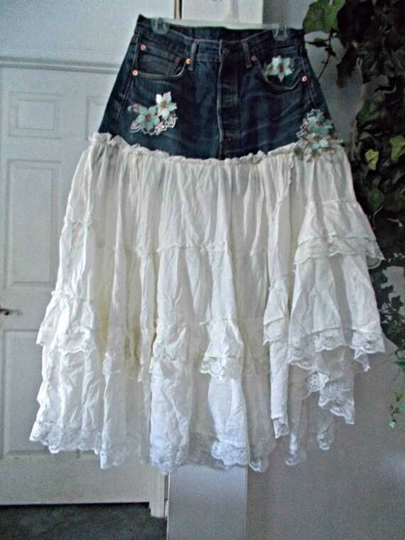 denim skirt with lace hem