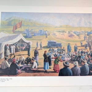 A.K. Kasteev &quot;Koikhoz Toy&quot; 1937 Oil on Canvas Fine Art Print 8.5 x 11.5 Inches, Vintage Soviet-Era Painting with Description, USSR 1970s