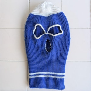 Vintage 70s Blue Knit Ski Mask Balaclava | Retro Striped Winter Face Mask with Eye & Mouth Holes