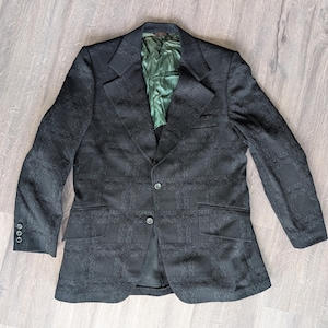 Vintage 1980s Green Patterned Blazer by Mogol’s – Wide Lapel Polyester Jacket | Made in USA | Retro Disco Suit Coat 45&quot; Chest