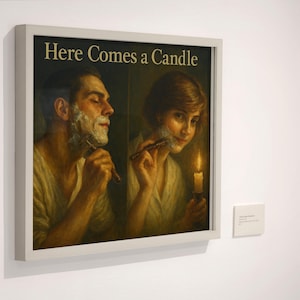 Here Comes a Candle Print – Surreal Candlelit Shaving Scene, Retro Oil Painting Style, Uncanny Twins Art, Vintage Horror Wall Decor