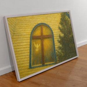 Stained Glass Church Digital Art Print | Holy Spirit Dove Cross Window | Rustic Chapel Religious PNG | Glowing Faith Wall Art Download