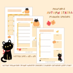 May include: Printable autumn planner spreads with a black cat illustration and pumpkin accents. The planner includes weekly, daily, and habit tracking pages. Text includes "Autumn Stroll Planner Spreads", "Letter Size + A5 + A4", and "Instant Download".