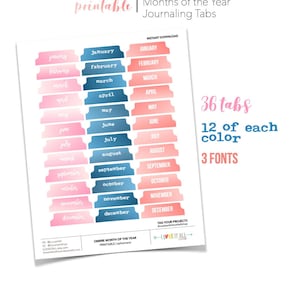 Può includere: Schede di journaling mensili stampabili in tre diversi font. Ci sono 36 schede in totale, 12 di ogni colore: rosa, blu e un gradiente di entrambi i colori. Le schede sono etichettate con i mesi dell'anno.