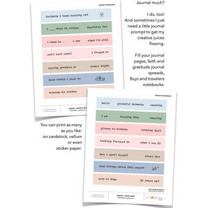May include: A collection of printable journal prompt word strips in pastel colors. The sheets feature text prompts like projects I keep putting off, thankful for, and grateful moments, organized in horizontal bars on two white paper pages.