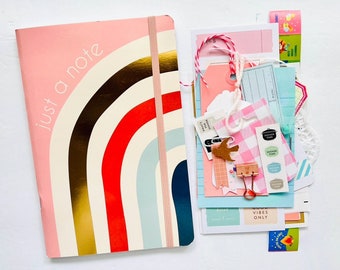 A5 Journal | with Embellishments, Half Letter Dot Grid Bujo Insert, Cute Travelers Notebook, Junk Journal Beginners Kit, Rainbow Journal