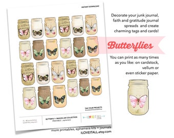 Collage Sheet Printable Digital Butterfly Ephemera Mason Jar Fussy Cut Collage Fodder Hybrid Scrapbooking Clip Art Glue Book Sticker