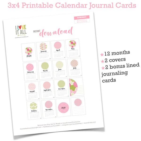 3x4 Month Cards, Printable Monthly Calendar, 2020, PInk Floral, Instant Download, Scrapbooking, Project Life, Bujo, Planner, Journal Cards