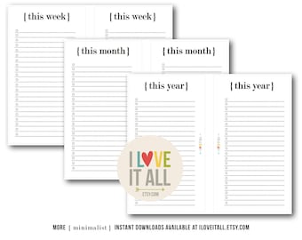 To Do List, Printable Planner Pages, Minimalist, This Week, This Month, This Year, Lined Notepaper, Planning, Filofax, Weekly, Monthly