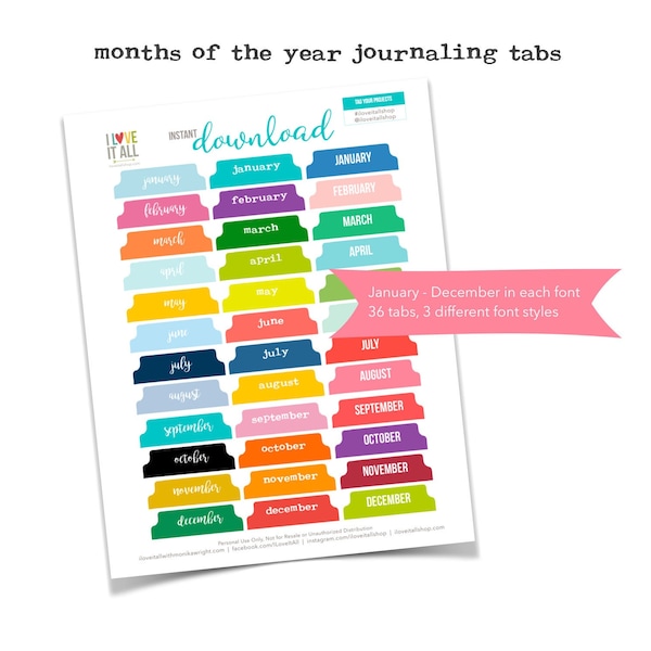 Printable Page Tab Colorful Label Tag Monthly Divider Cut Out Ephemera Planner Supply Digi Page Flag Instant Download Paper Ephemera