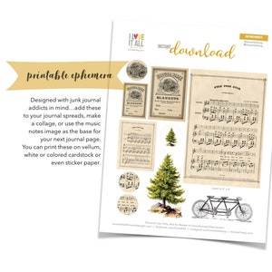 Może przedstawiać: Arkusz efemeryczny do wydruku z elementami w stylu vintage do dzienników śmieciowych. Zawiera etykiety, nuty, rower tandemowy i ilustrację sosny. Tekst brzmi "I Love It All" i "Instant Download". Arkusz ma wymiary 10,16 x 15,24 cm.