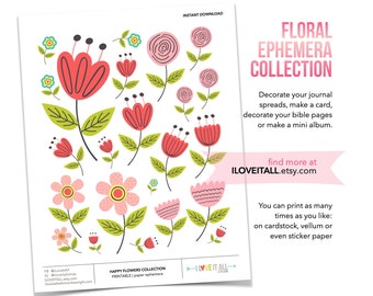 Happy Flowers, Floral Printable Ephemera, Cute Pink Flower Sticker, Cottage Core, Junk Journaling, Card Making Kit, Art Collage Fodder