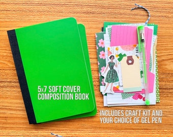 Softcover 5" x 7" Green Composition Notebook with Cute Ephemera Craft Kit Sermon Notes Lined Pages Listing Journal To Do Mini Book Jotter