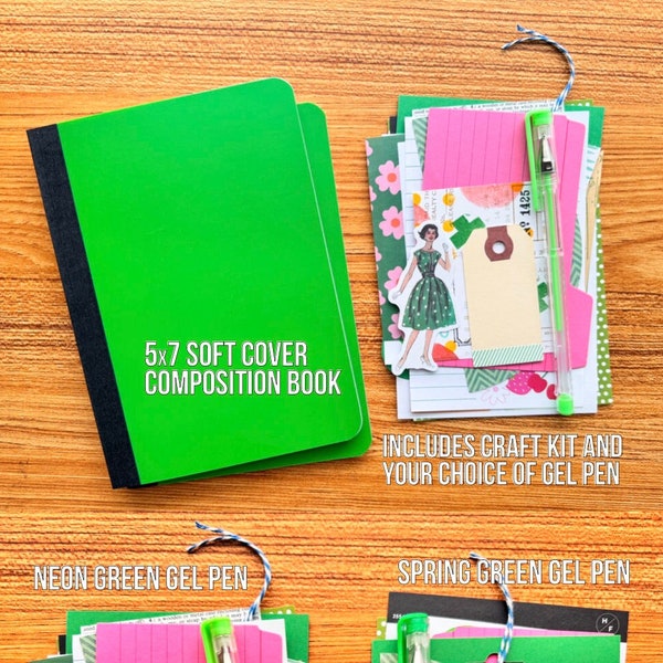 Softcover 5" x 7" Green Composition Notebook with Cute Ephemera Craft Kit Sermon Notes Lined Pages Listing Journal To Do Mini Book Jotter