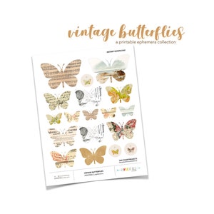 Papéis vintage para impressão, colagem de objetos efêmeros, borboletas, recortes elaborados, diário de lixo, coleção de adesivos de objetos efêmeros digitais, colagem floral, folha de clip art